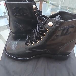 CHANEL Black Combat Boots with Gold Details
